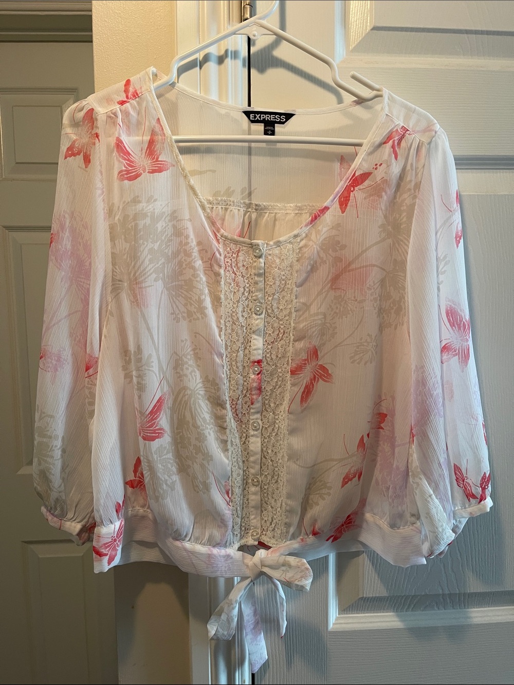 Express White Sheer Floral Tie-Front Blouse with Pink Print